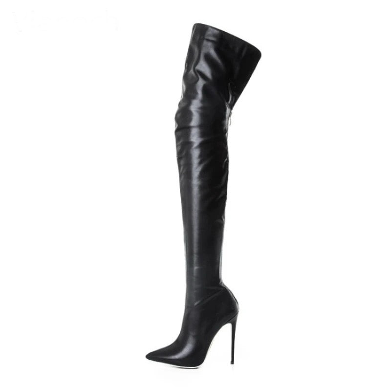 Womens Knee High Heel Boots with Pointed Toe zipper
