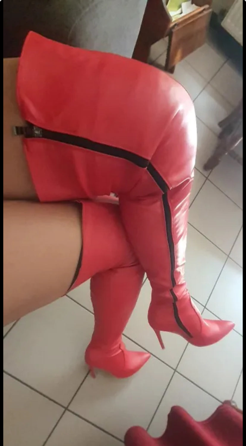 Women Red PU Leather Thigh High Boots