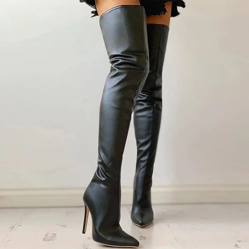 Womens Knee High Heel Boots with Pointed Toe zipper