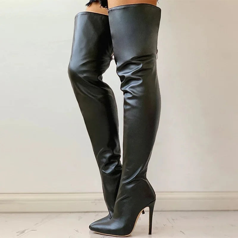 Womens Knee High Heel Boots with Pointed Toe zipper