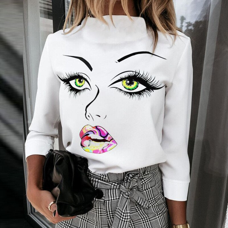 Elegant Woman's Top Face Print tops Ladies Casual Long Sleeve Top