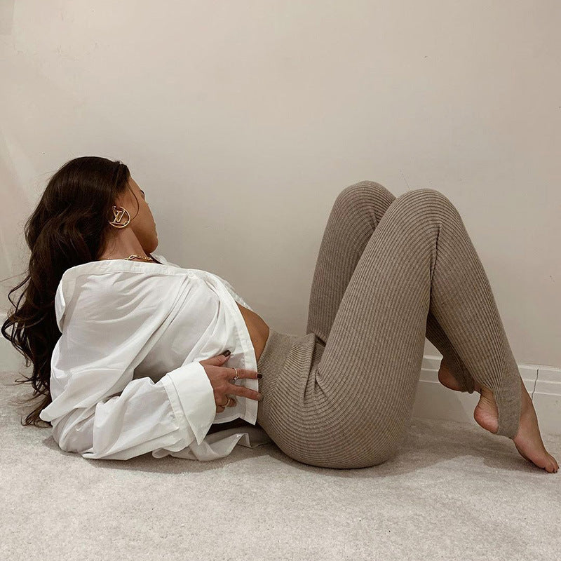 Women's Beige Ribbed Knit Leggings