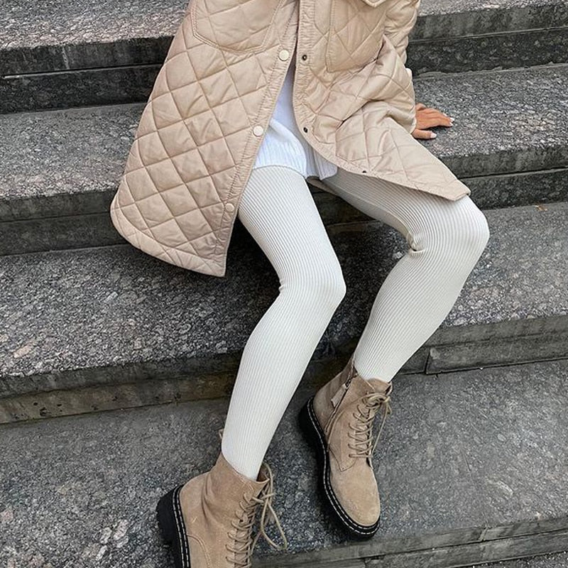 Women's Beige Ribbed Knit Leggings