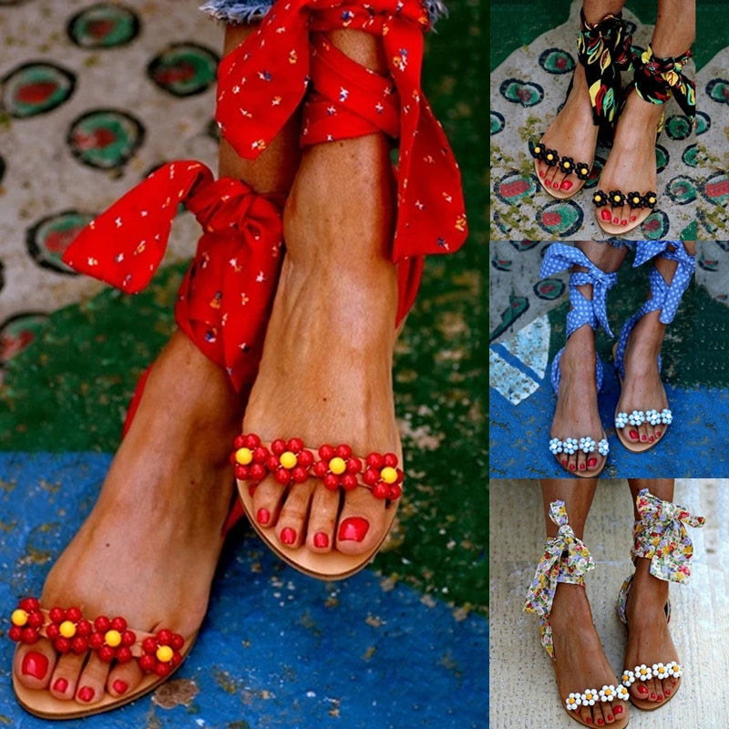 Women’s Flats Ankle Strap Handmade Beaded Sandals