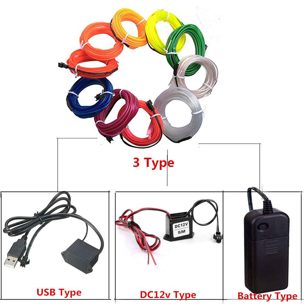 Flexible Neon Light 1m/3m/5M 3V Glow EL Wire Rope tape Cable Strip LED Neon Lights Shoes Clothing Car waterproof led strip