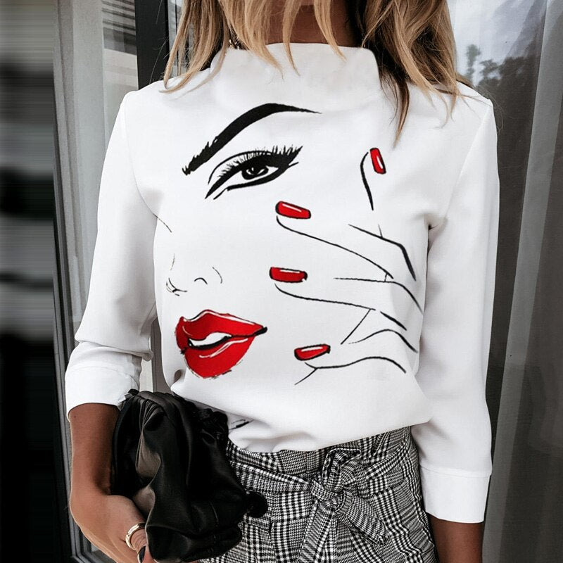 Elegant Woman's Top Face Print tops Ladies Casual Long Sleeve Top