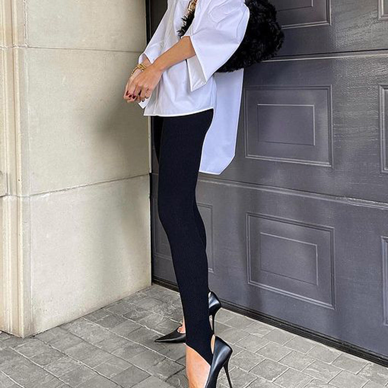 Women's Beige Ribbed Knit Leggings