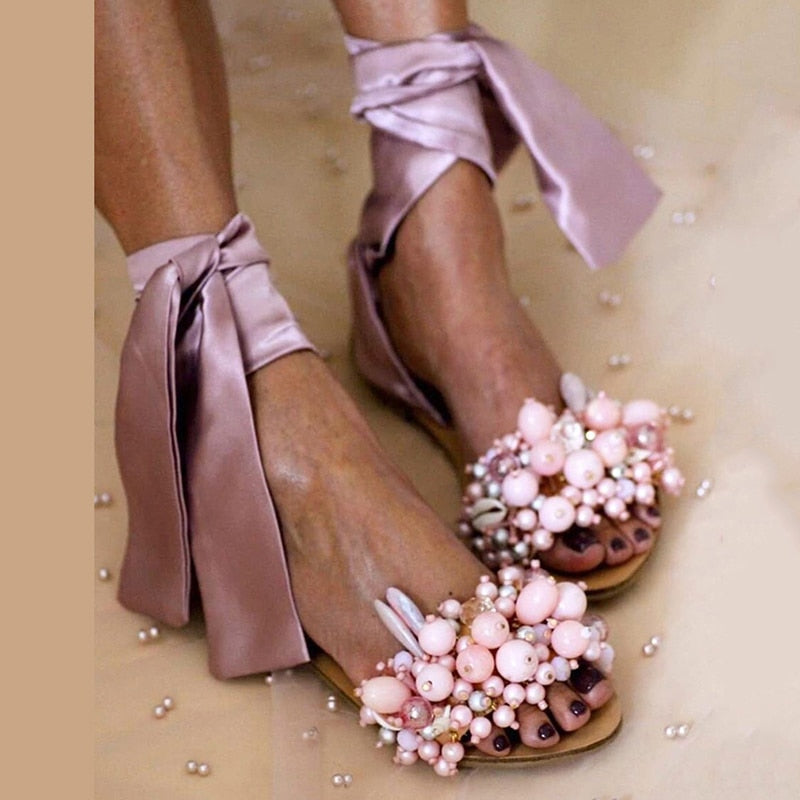Women’s Flats Ankle Strap Handmade Beaded Sandals
