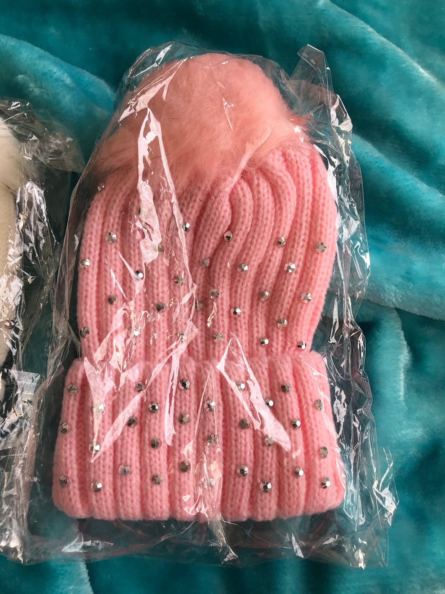 Pink Hat With Faux Fur, Fake crystals