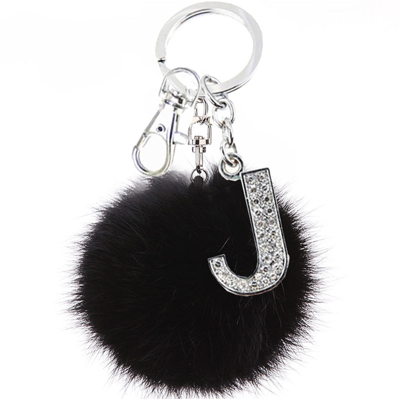 Fluffy Black Pompom Faux Rabbit Fur Ball Keychains with Crystal Letter