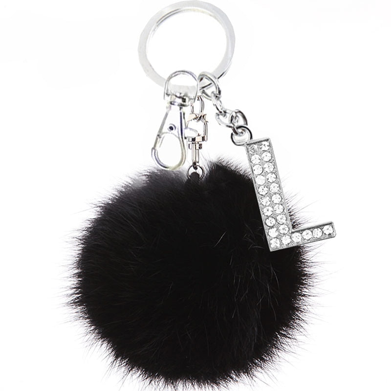 Fluffy Black Pompom Faux Rabbit Fur Ball Keychains with Crystal Letter