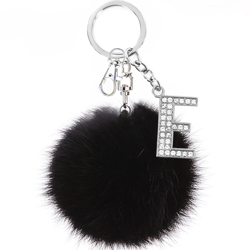 Fluffy Black Pompom Faux Rabbit Fur Ball Keychains with Crystal Letter