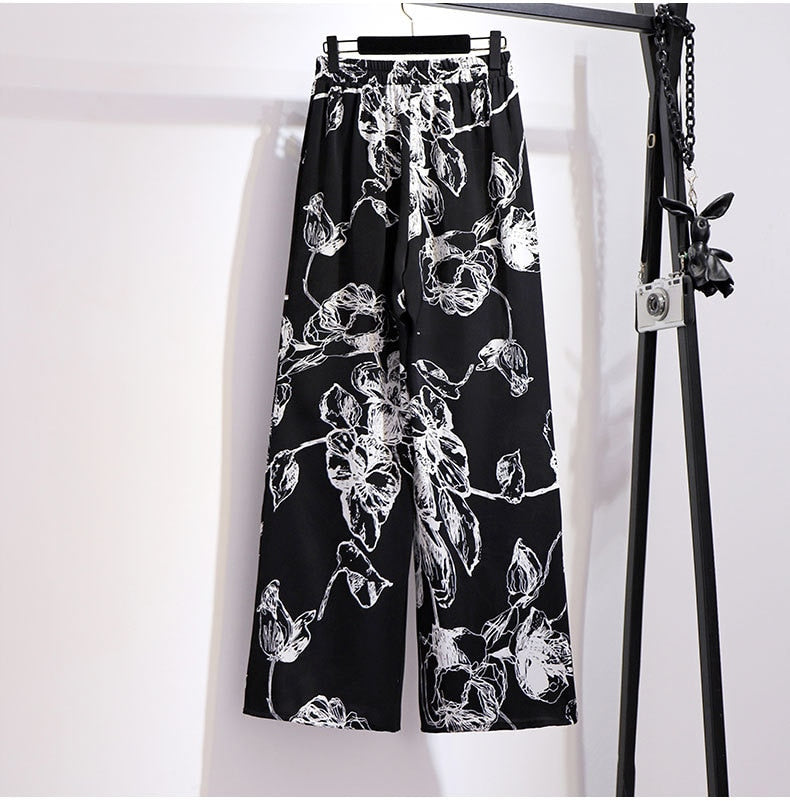 Womens Floral Print Black Long Trousers 3XL - 7XL