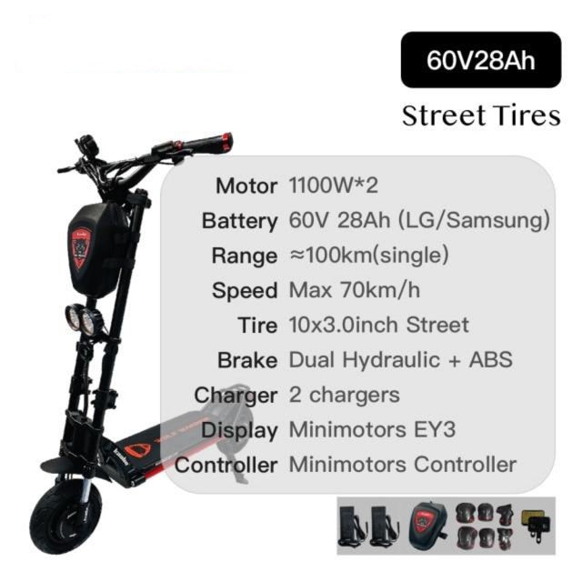 Foldable 101inch 1100W*2 60V 21Ah 28Ah Official Electric Scooter Skateboard Kick Scooter