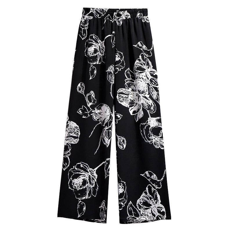 Womens Floral Print Black Long Trousers 3XL - 7XL