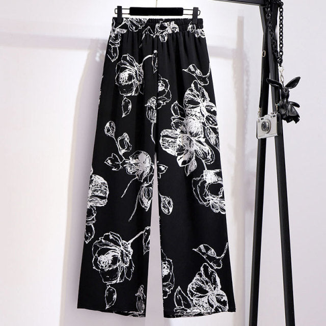 Womens Floral Print Black Long Trousers 3XL - 7XL