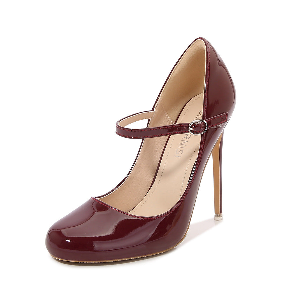 12 Cm Round-toe Large-size High Heels With A Wrist Strap