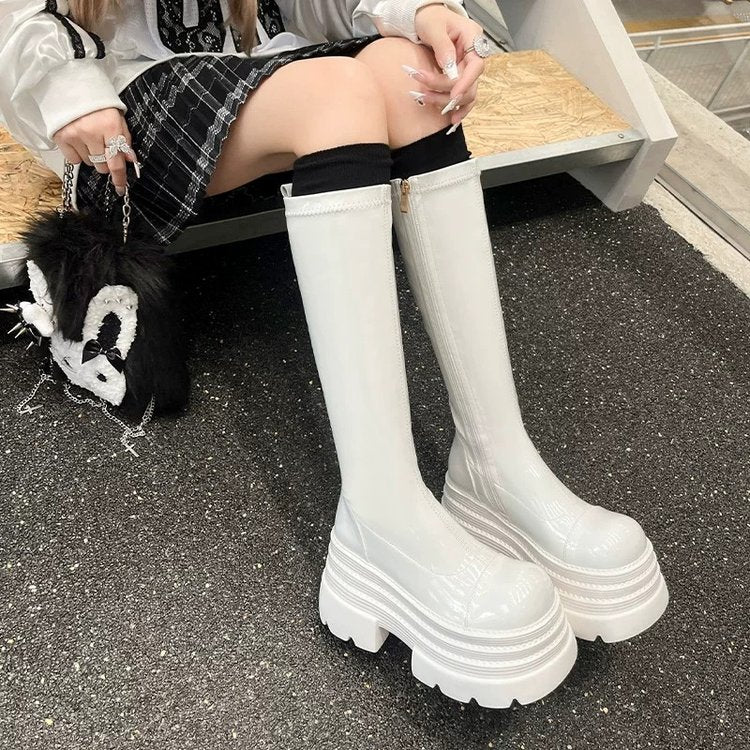 Knee High Boots For Women, Made Of Patent Leather With Thick Sole And Increased Elasticity, Slim And Tall, Knight Boots