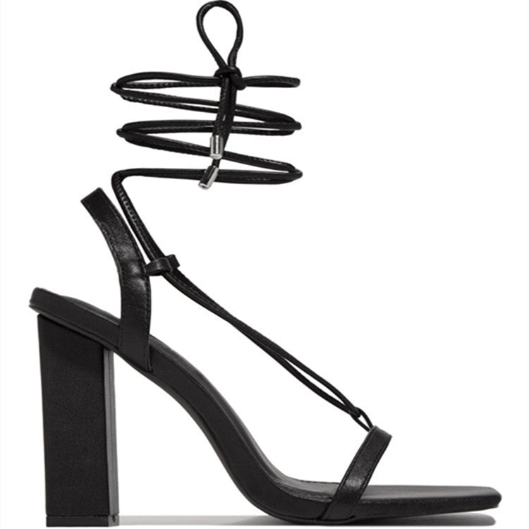 Women Square Toe Ankle Lace Strap Sandal Pumps