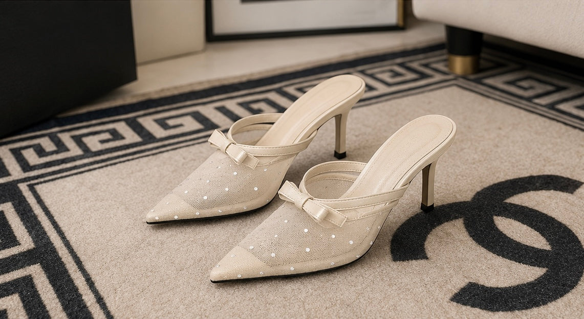 Versatile Rhinestone High Heels, Sexy Mesh Breathable Stiletto Backless Sandals, Women's Pointed Toe Slide Flats