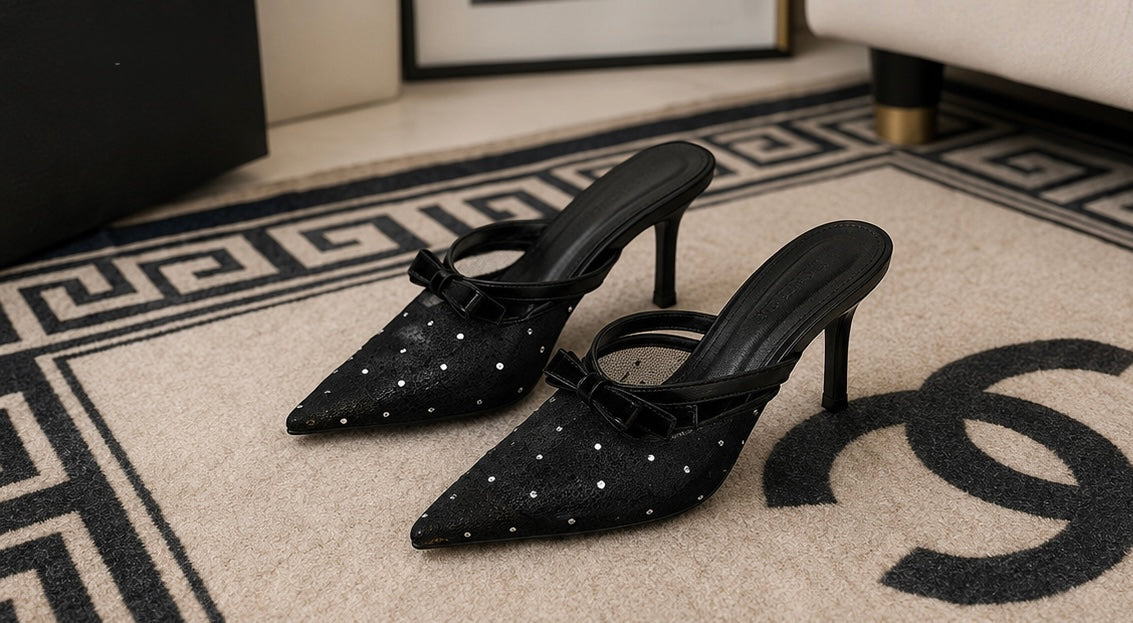 Versatile Rhinestone High Heels, Sexy Mesh Breathable Stiletto Backless Sandals, Women's Pointed Toe Slide Flats