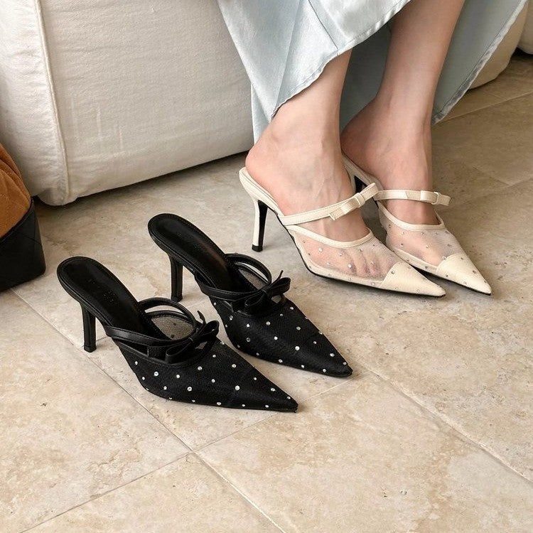 Versatile Rhinestone High Heels, Sexy Mesh Breathable Stiletto Backless Sandals, Women's Pointed Toe Slide Flats