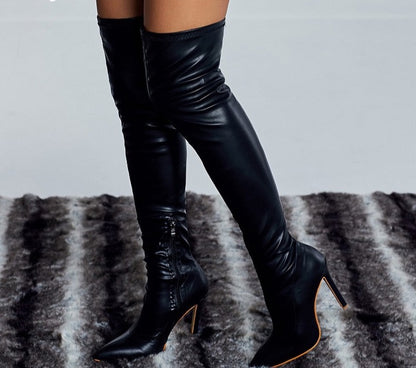 High Heel Slip-on Knee high Boot Shoes with Pointed Toe