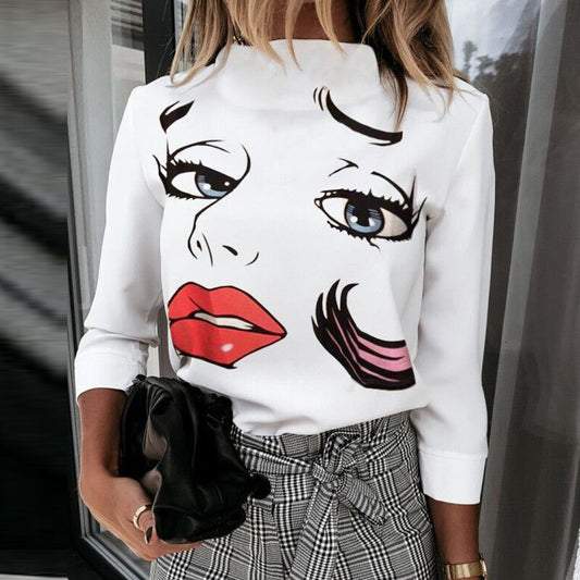 Elegant Woman's Top Face Print tops Ladies Casual Long Sleeve Top