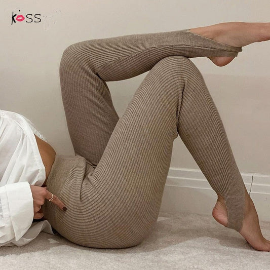 Women's Beige Ribbed Knit Leggings