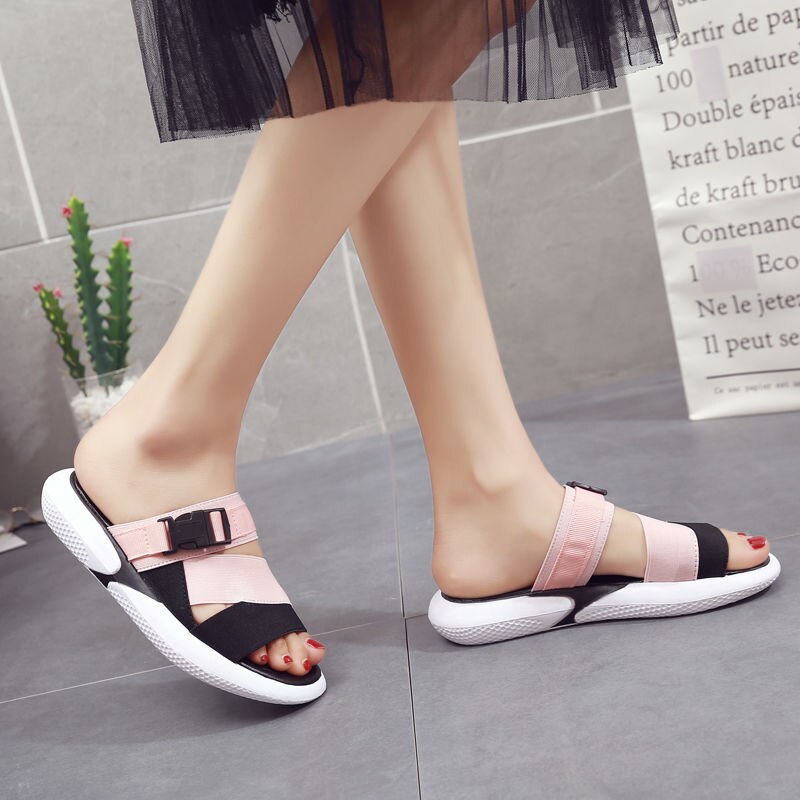 Fashion open toe sports sandals T-shaped buckle thick heel platform shoes 2020 women's summer flat casual shoes women's slippers