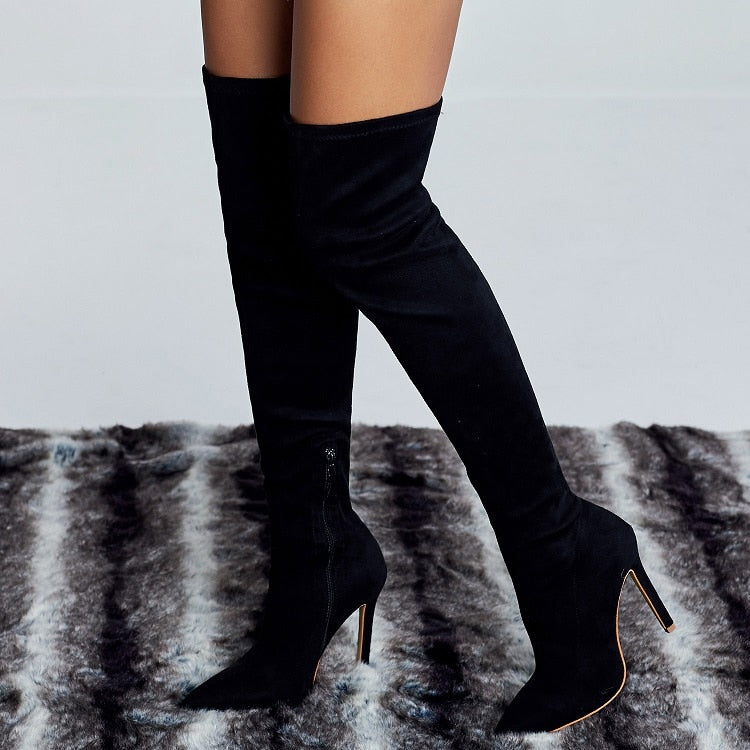 High Heel Slip-on Knee high Boot Shoes with Pointed Toe