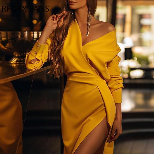 Ladies Dress Solid V Neck Slit Bodycon Dress