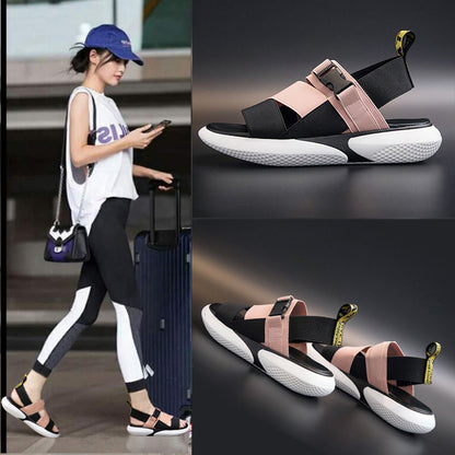 Fashion open toe sports sandals T-shaped buckle thick heel platform shoes 2020 women's summer flat casual shoes women's slippers