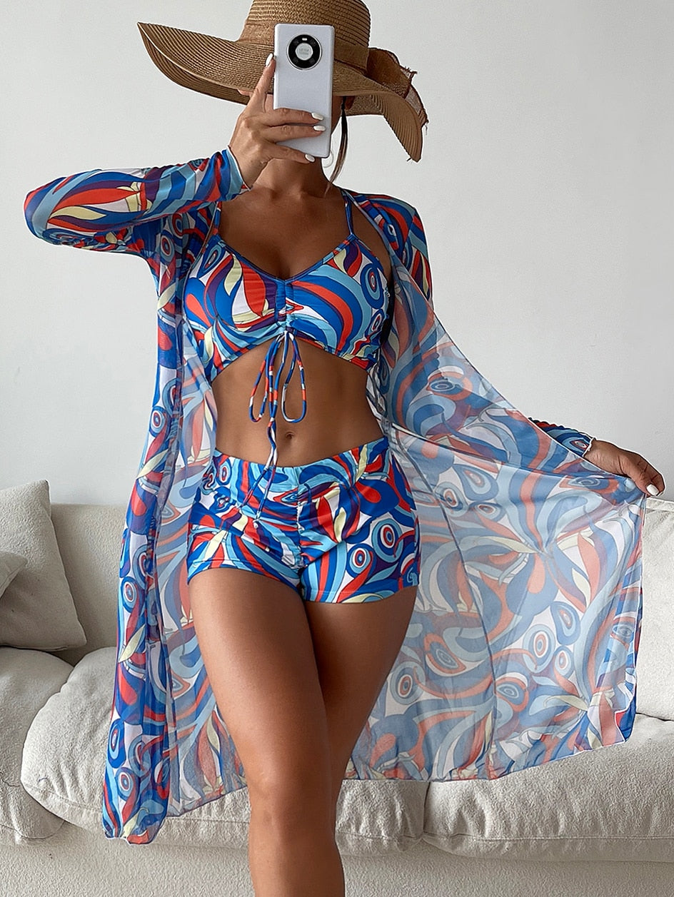 3 Piece Bikini Set + Long Sleeve Beach top