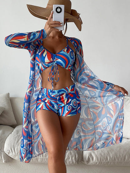 3 Piece Bikini Set + Long Sleeve Beach top