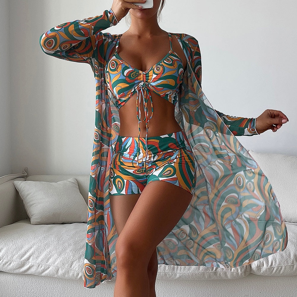 3 Piece Bikini Set + Long Sleeve Beach top