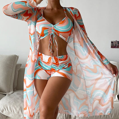 3 Piece Bikini Set + Long Sleeve Beach top