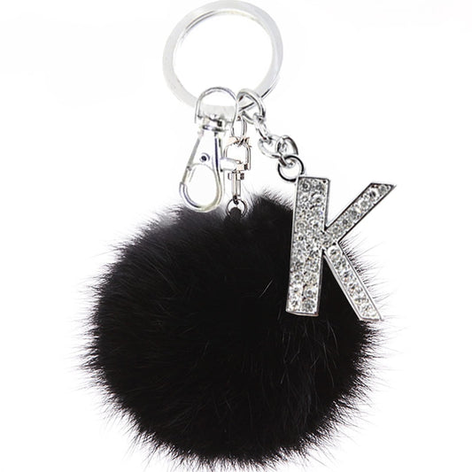 Fluffy Black Pompom Faux Rabbit Fur Ball Keychains with Crystal Letter