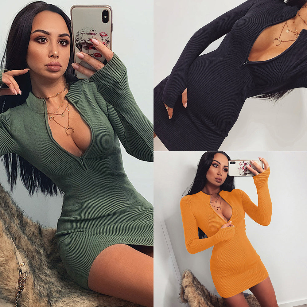 Womens Bodycon Zip Up Knitted Mini Dress