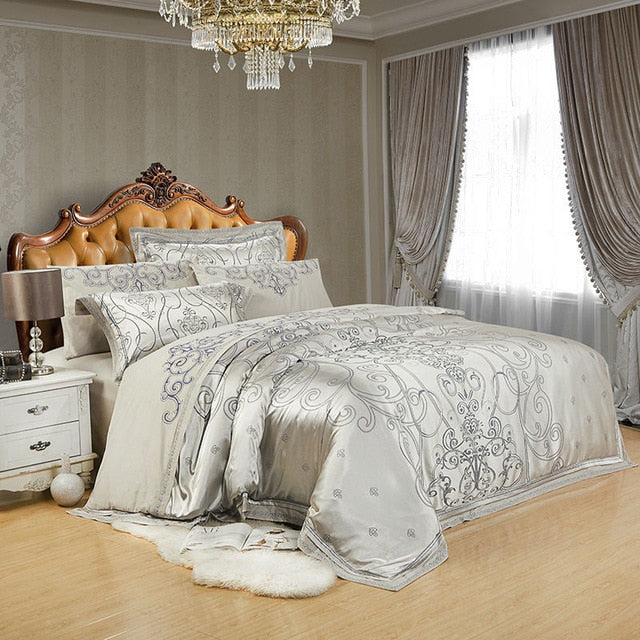 Luxury Silk Satin Duvet Cover Set with Beautiful Embroidery 4-6 Piece Sets