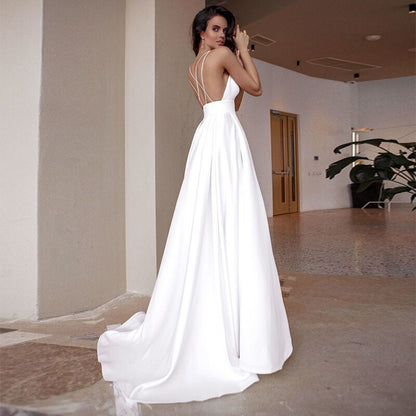 Charming Spaghetti Straps Wedding Dress Sleeveless Sweep Train A-line Bridal Gowns