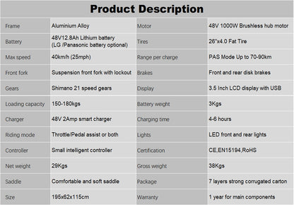 e-Bike 1000W Electric bicycle with fat tires